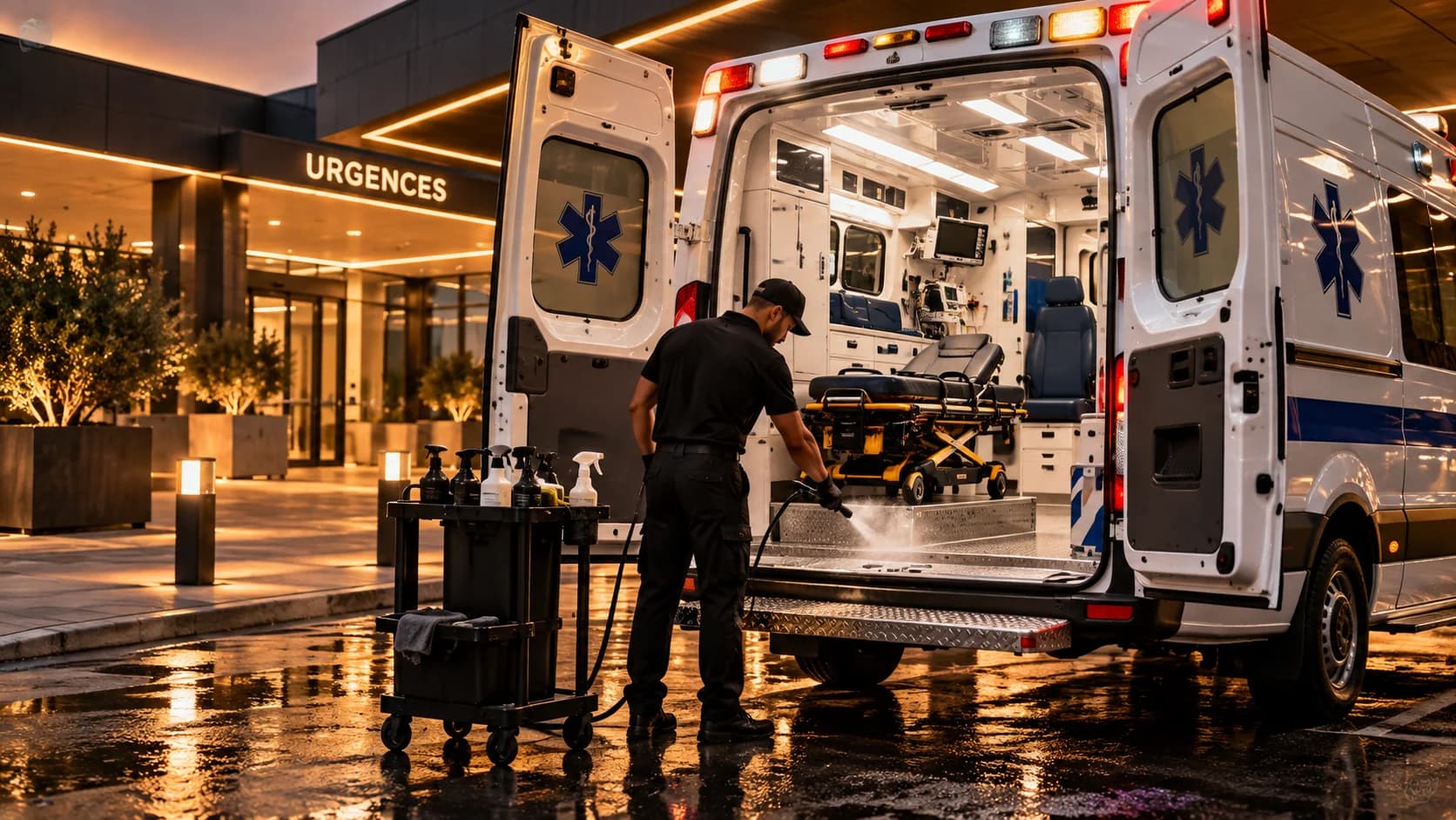 Nettoyage de la cellule sanitaire d'une ambulance, portes arrière ouvertes