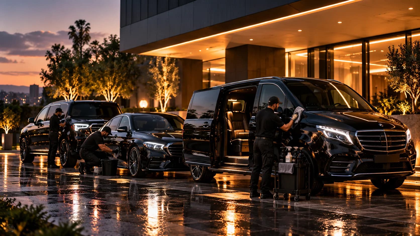 Plusieurs véhicules professionnels noirs entretenus simultanément devant un bâtiment contemporain