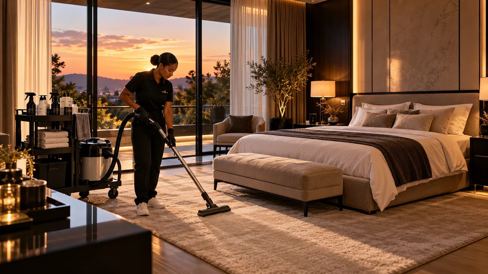 Préparation soignée d'une chambre élégante face à la ville au coucher du soleil